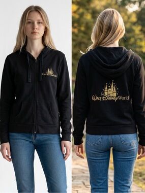 DISNEY Parks Walt Disney World Gold Castle Full Zip Hoodie Black Medium